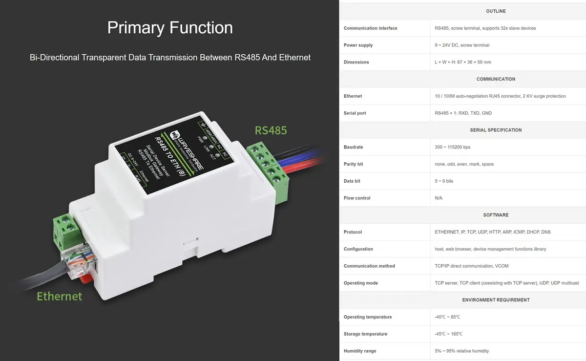 Waveshare RS485 to Ethernet Converter Industrial Serial Device Server TCP/IP to Serial Module with 9-24V Wide Power Supply | Supports Modbus Gateway, MQTT/JSON, TCP/UDP Modes - view 3