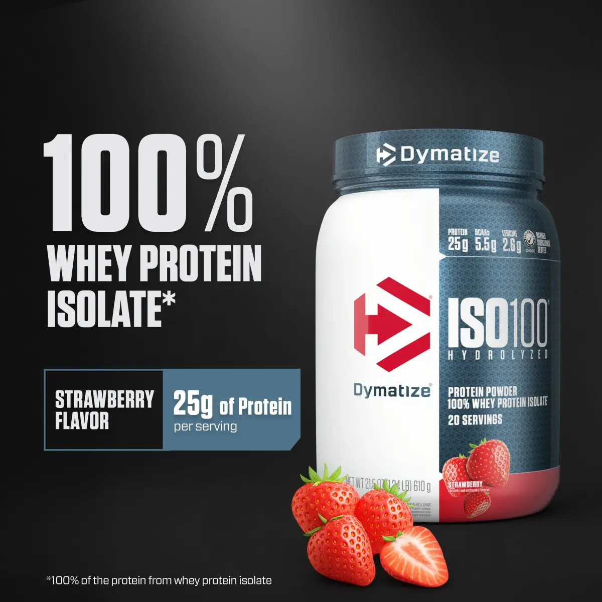 Dymatize ISO100 Strawberry Whey Protein Isolate 1.34 lb (608g) | 25g Protein, 5.5g BCAAs, Gluten-Free - view 2