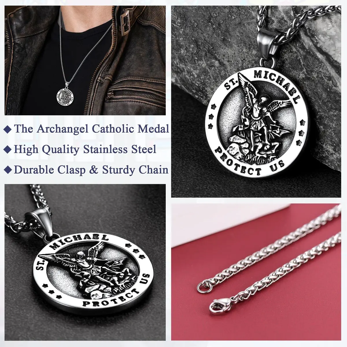 FaithHeart Saint Michael Pendant Necklace for Men with 22"+2" Wheat Chain | Archangel Protection Amulet - view 5