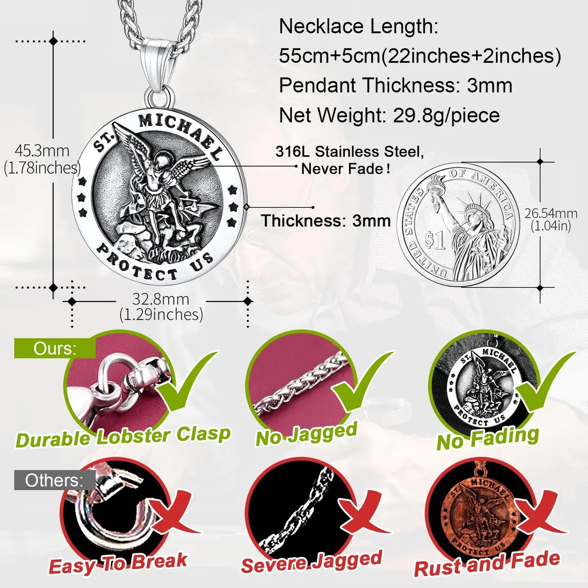 FaithHeart Saint Michael Pendant Necklace for Men with 22"+2" Wheat Chain | Archangel Protection Amulet - view 6