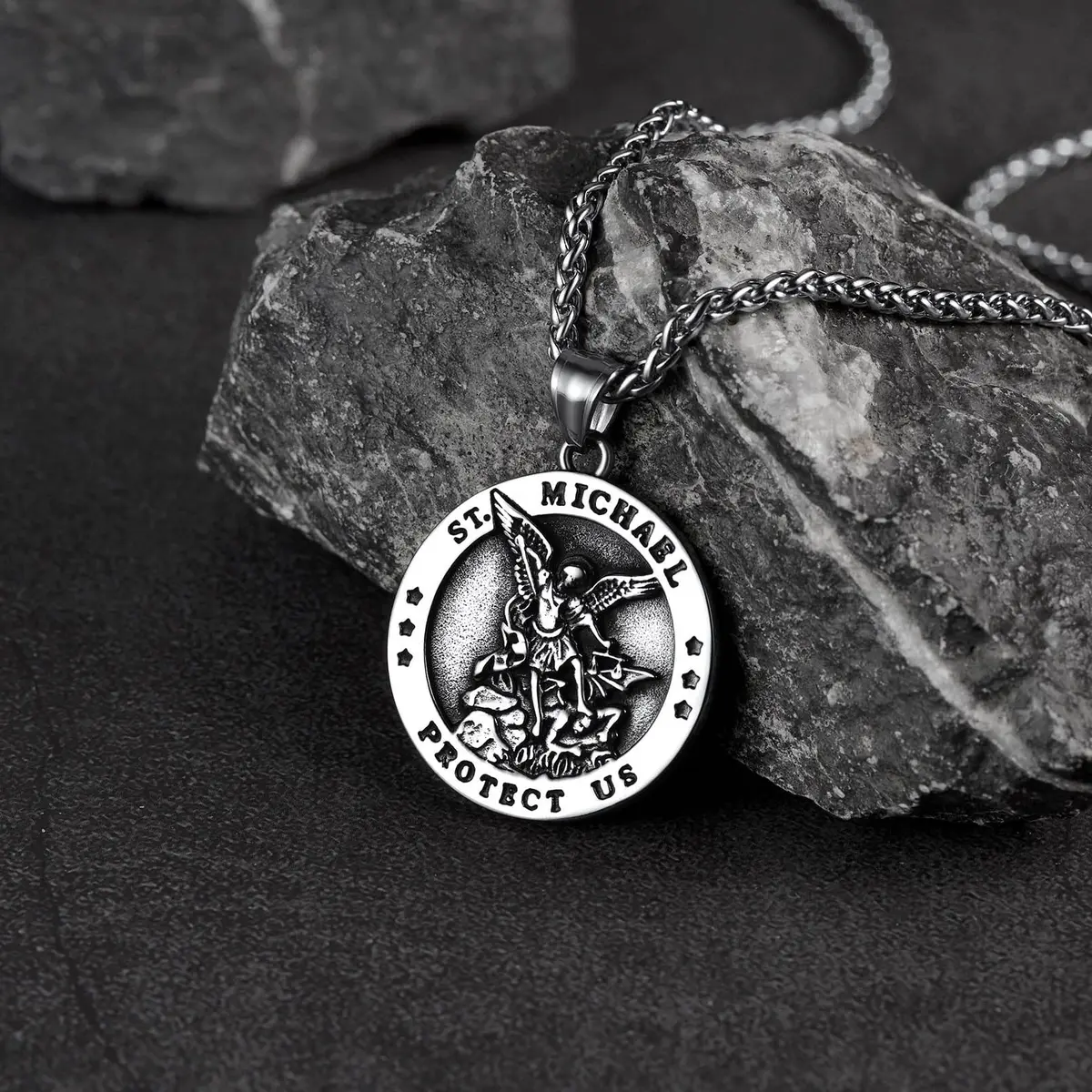 FaithHeart Saint Michael Pendant Necklace for Men with 22"+2" Wheat Chain | Archangel Protection Amulet - view 8