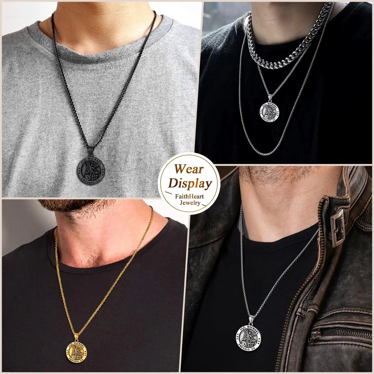 FaithHeart Saint Michael Pendant Necklace for Men with 22"+2" Wheat Chain | Archangel Protection Amulet - view 2