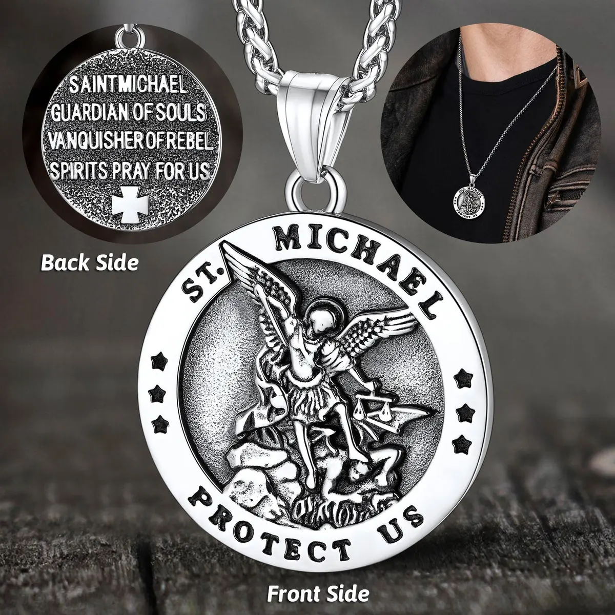 FaithHeart Saint Michael Pendant Necklace for Men with 22"+2" Wheat Chain | Archangel Protection Amulet - view 3