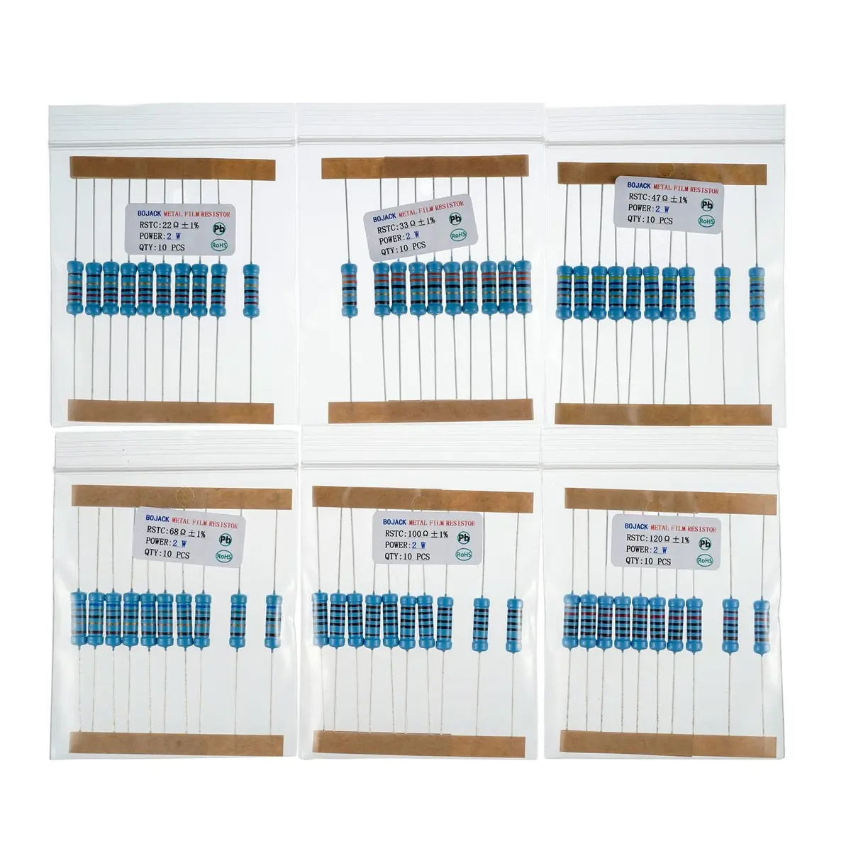BOJACK Resistor Kit 300 Pcs 30 Values 1Ω - 1MΩ | 2W Metal Film Assortment - view 4