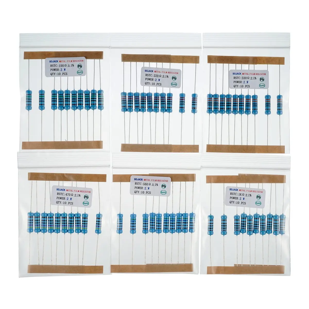 BOJACK Resistor Kit 300 Pcs 30 Values 1Ω - 1MΩ | 2W Metal Film Assortment - view 5