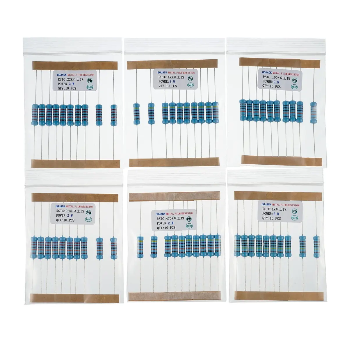 BOJACK Resistor Kit 300 Pcs 30 Values 1Ω - 1MΩ | 2W Metal Film Assortment - view 7