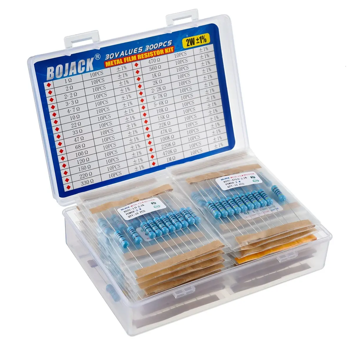 BOJACK Resistor Kit 300 Pcs 30 Values 1Ω - 1MΩ | 2W Metal Film Assortment - view 2