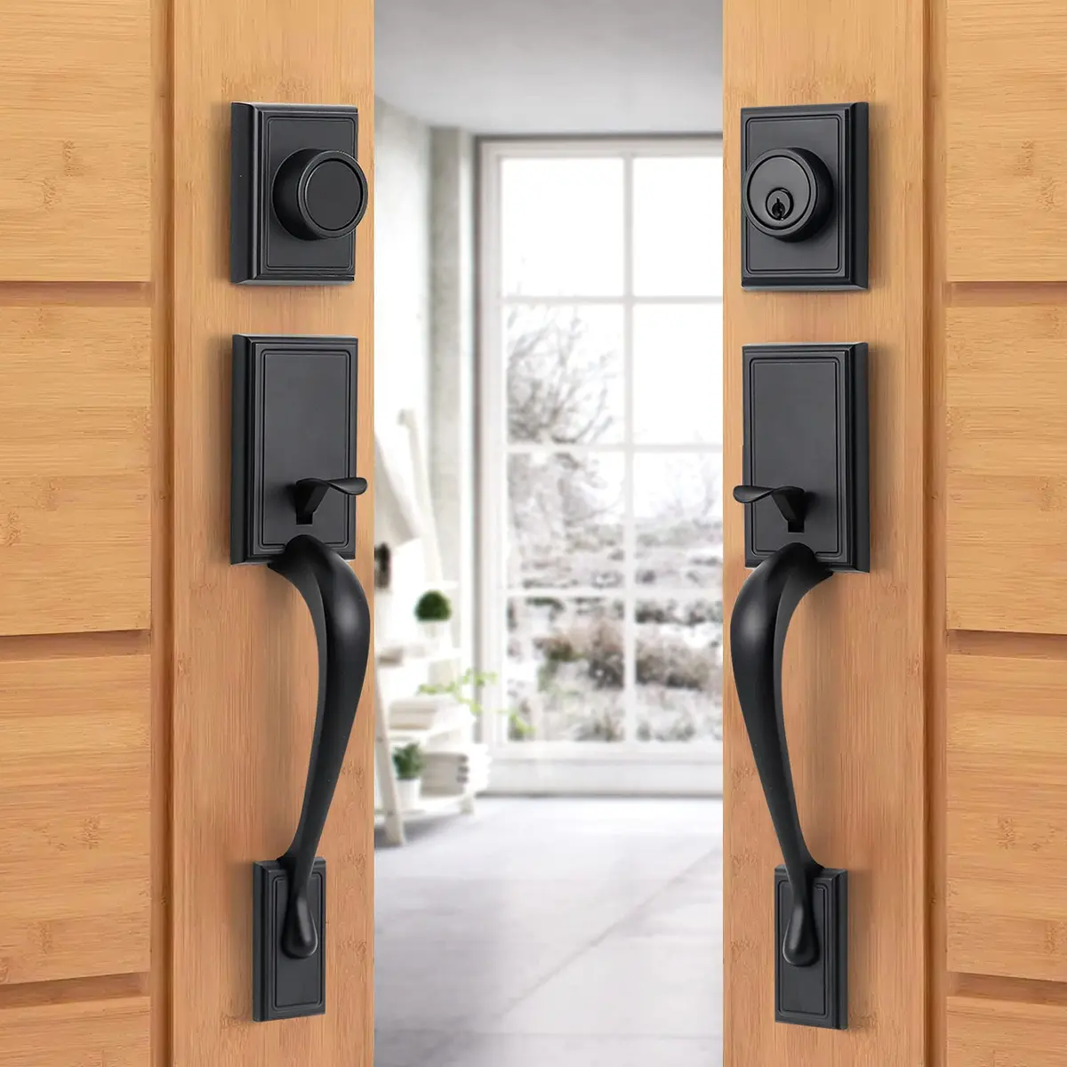 Natsukage Heavy Duty Double Door Handle Set Matte Black | Reversible Lock with Dummy & Deadbolt - main product image
