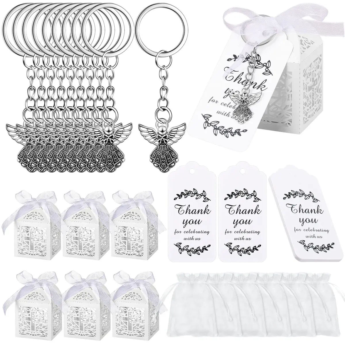 Bonuci White Angel Keychain Baptism Favors Set | 30 Sets (120 Pieces Total) - main product image