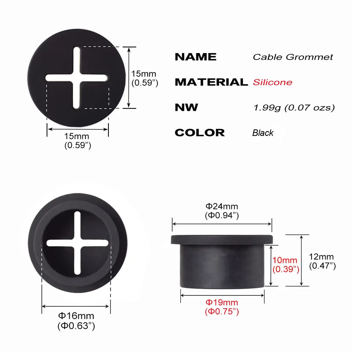 keenkee Black Rubber Cable Cord Grommets 3/4 Inch (19mm) Hole Size | Pack of 8 for Desk Wire Management - view 2