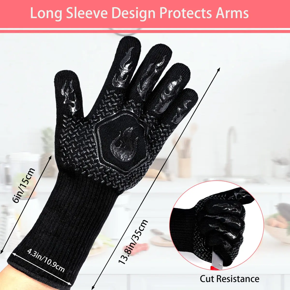 DKHDBD Heat Resistant BBQ Gloves 1472F Black 2-Pack | 37cm (14.5in) Long-Sleeved Protection - view 2