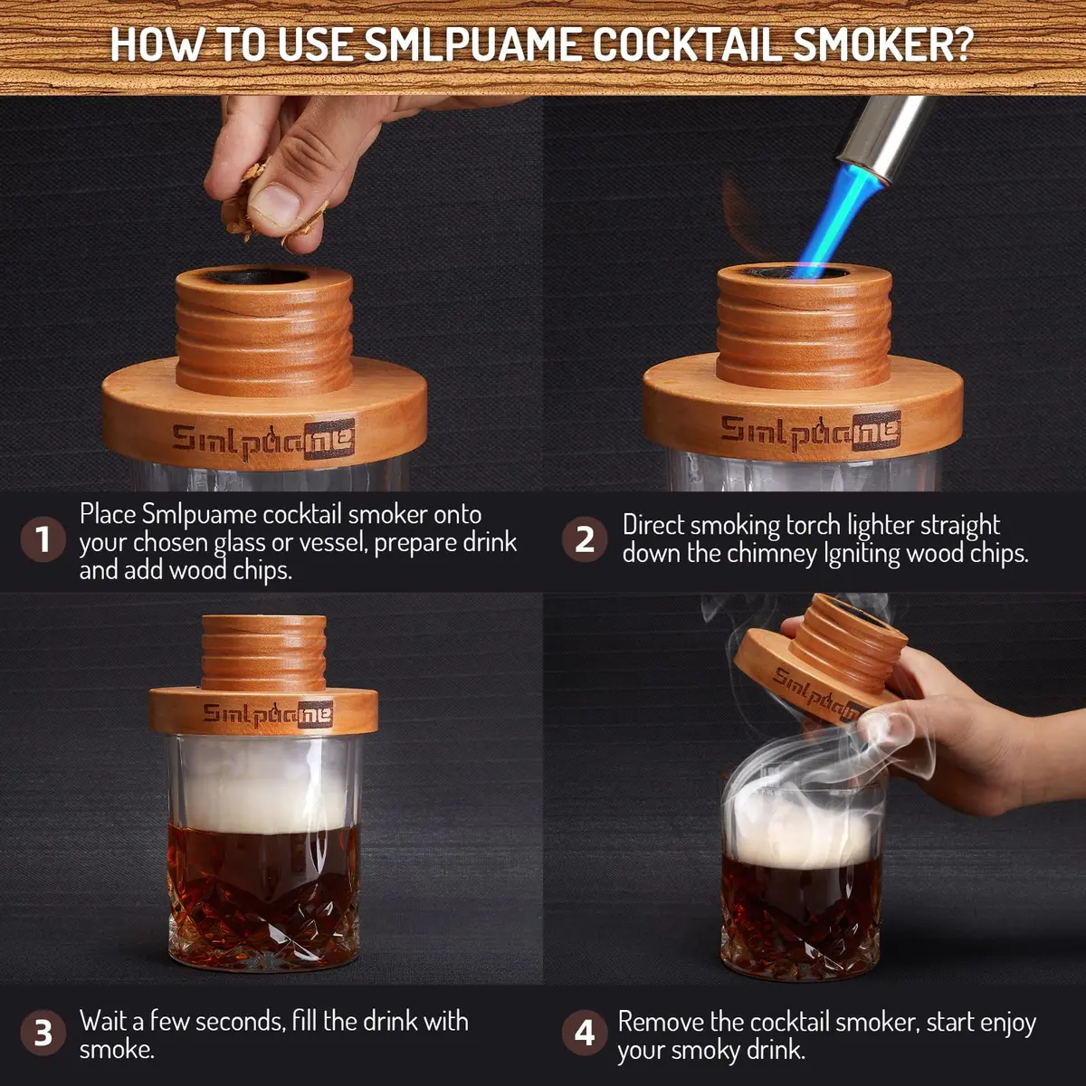 Smlpuame Cocktail Smoker Kit with 4 Wood Chip Flavors | Cherry Wood Infuser for Bourbon Whiskey Drinks - view 4