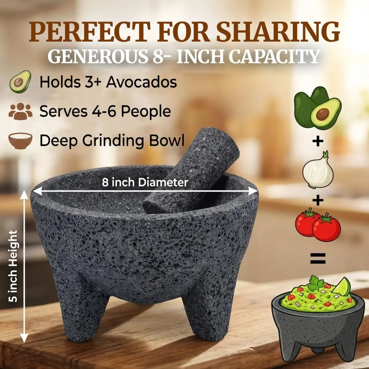 Cuitáxi Molcajete Mexicano Lava Rock Mortar and Pestle Set 20.3cm (8 inch) | Authentic Volcanic Stone for Guacamole and Spices - view 6