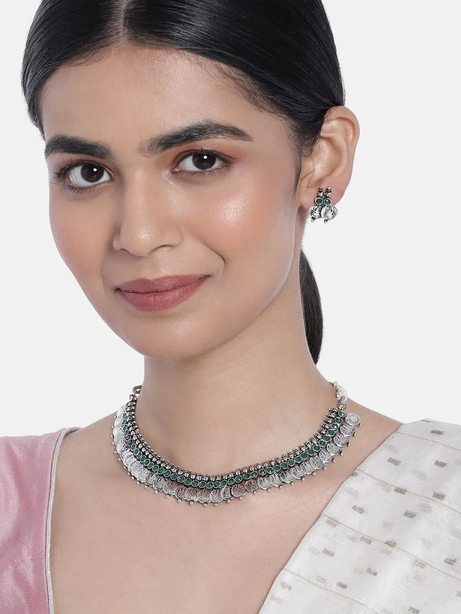 I Jewels Oxidized Silver Plated Necklace and Earring Set | Wedding & Festive Wear | 13cm Necklace, 2cm Earrings - view 2