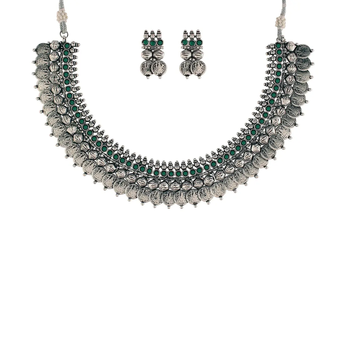 I Jewels Oxidized Silver Plated Coin Necklace and Earring Set for Women | 16cm Necklace, 2.5cm Earrings - main product image