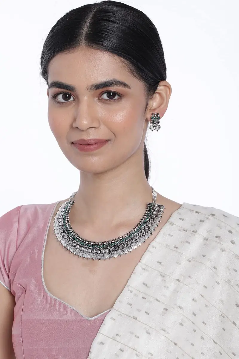 I Jewels Oxidized Silver Plated Coin Necklace and Earring Set for Women | 16cm Necklace, 2.5cm Earrings - view 2