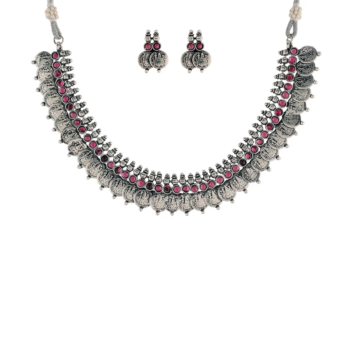 I Jewels Oxidized Silver Plated Indian Wedding Bollywood Coin Necklace With Earrings Set | 13 cm Necklace Length - main product image