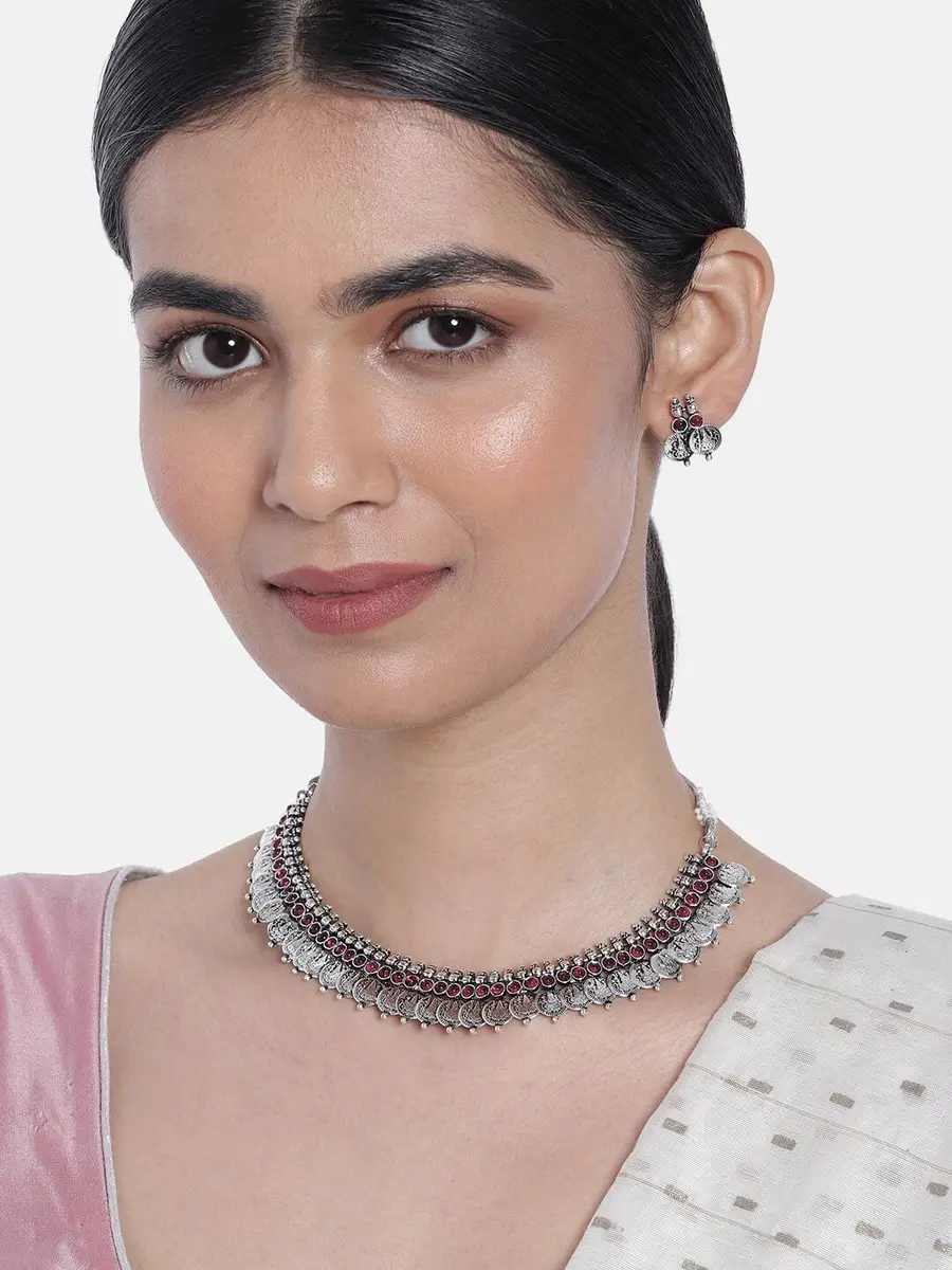 I Jewels Oxidized Silver Plated Indian Wedding Bollywood Coin Necklace With Earrings Set | 13 cm Necklace Length - view 2