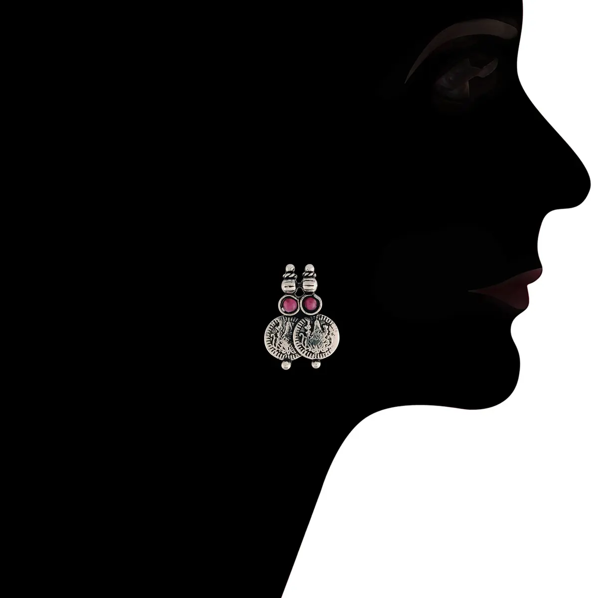 I Jewels Oxidized Silver Plated Indian Wedding Bollywood Coin Necklace With Earrings Set | 13 cm Necklace Length - view 4