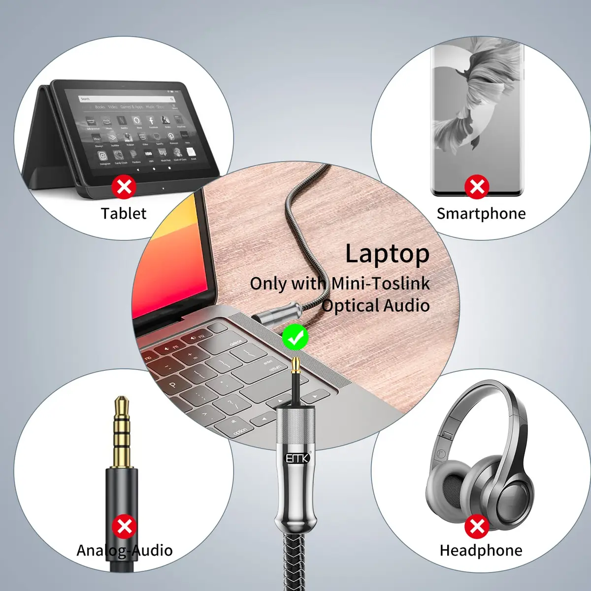 EMK 24K Gold-Plated Toslink to Mini Toslink Cable 2M (6ft) | High-Speed Digital Optical Audio Cable for Soundbar, Home Theater, TV - view 3