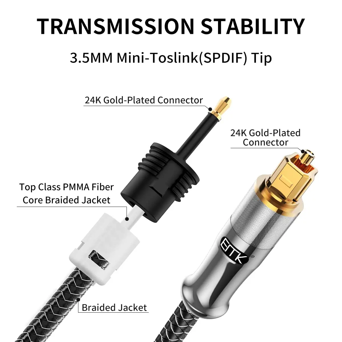 EMK 24K Gold-Plated Toslink to Mini Toslink Cable 2M (6ft) | High-Speed Digital Optical Audio Cable for Soundbar, Home Theater, TV - view 4