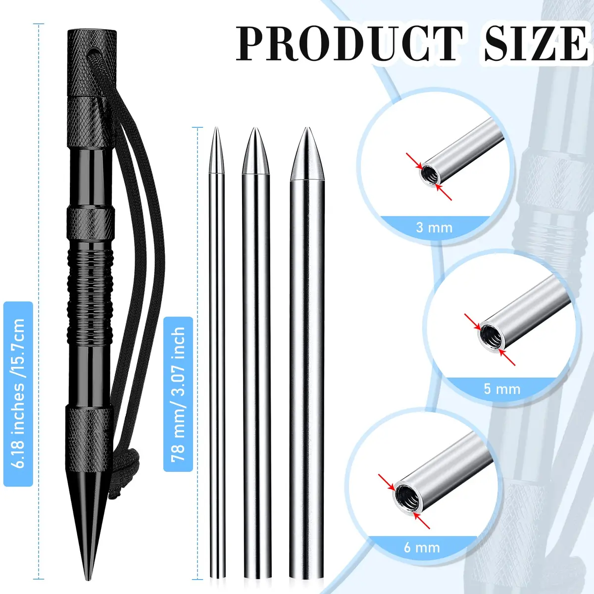 Moxweyeni Black Paracord Knotting Tool Marlin Spike with 3 Stainless Steel Lacing Needles | 16.2 cm (6.18 in) Marlin Spike & 7.8 cm (3.07 in) Needles - view 2