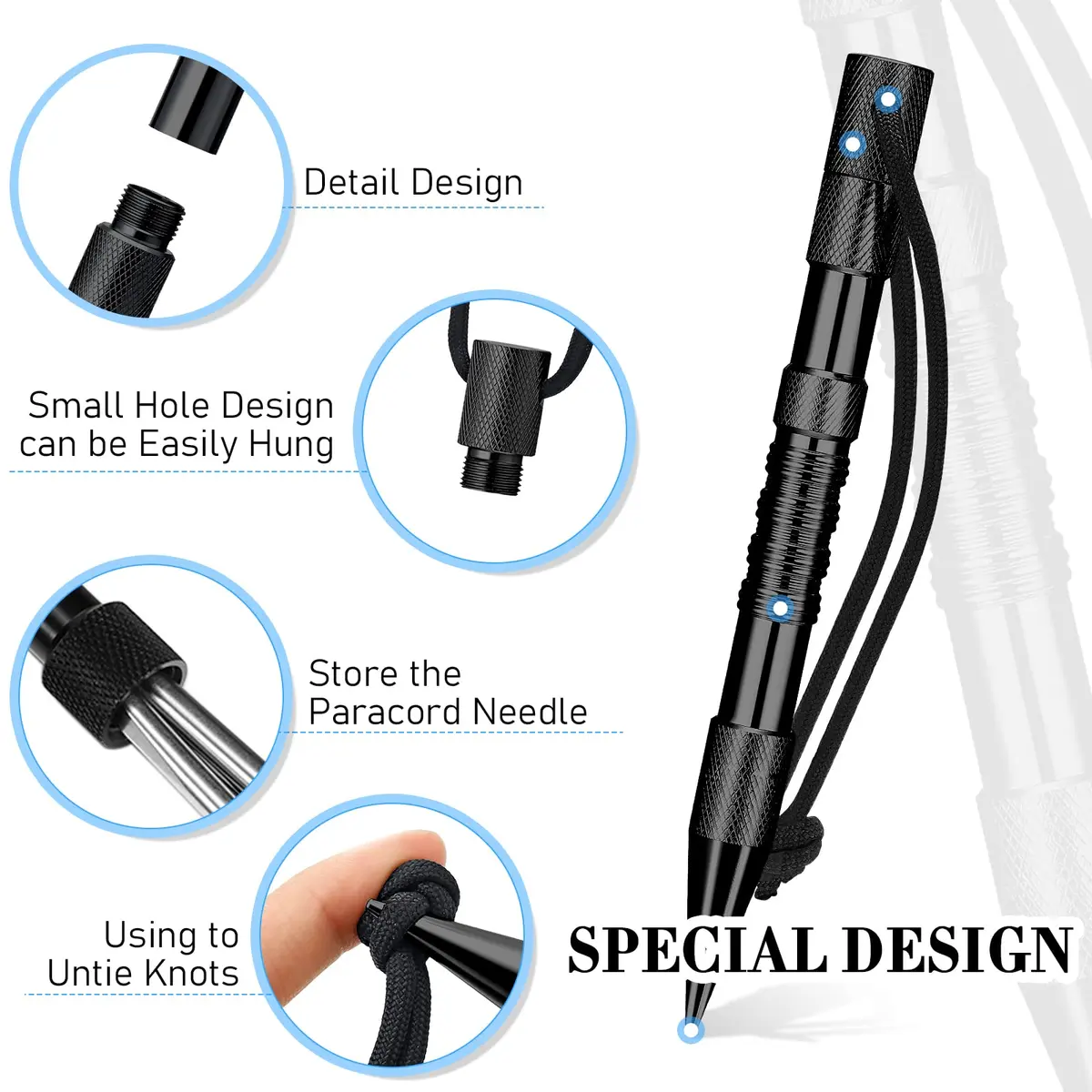Moxweyeni Black Paracord Knotting Tool Marlin Spike with 3 Stainless Steel Lacing Needles | 16.2 cm (6.18 in) Marlin Spike & 7.8 cm (3.07 in) Needles - view 3