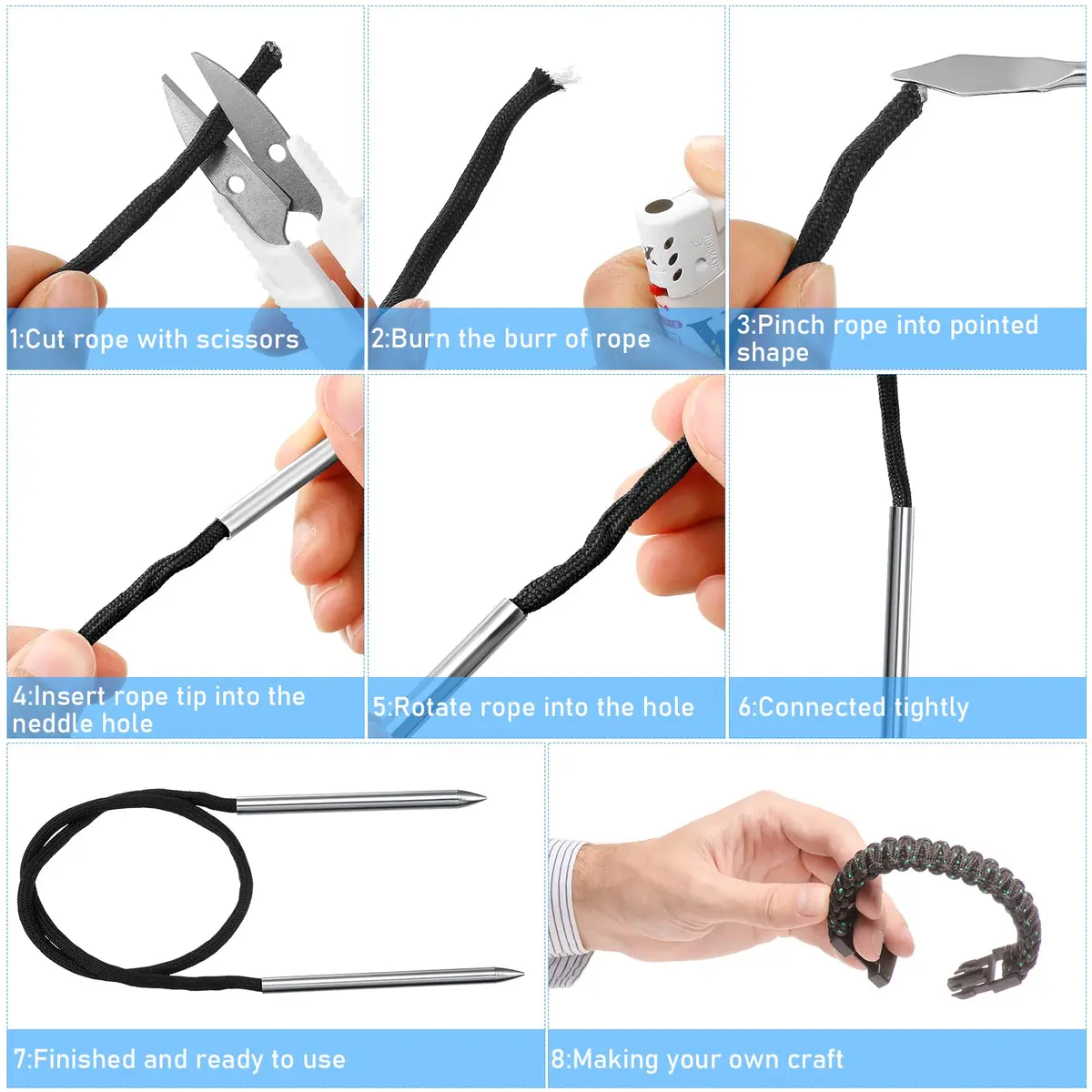 Moxweyeni Black Paracord Knotting Tool Marlin Spike with 3 Stainless Steel Lacing Needles | 16.2 cm (6.18 in) Marlin Spike & 7.8 cm (3.07 in) Needles - view 4