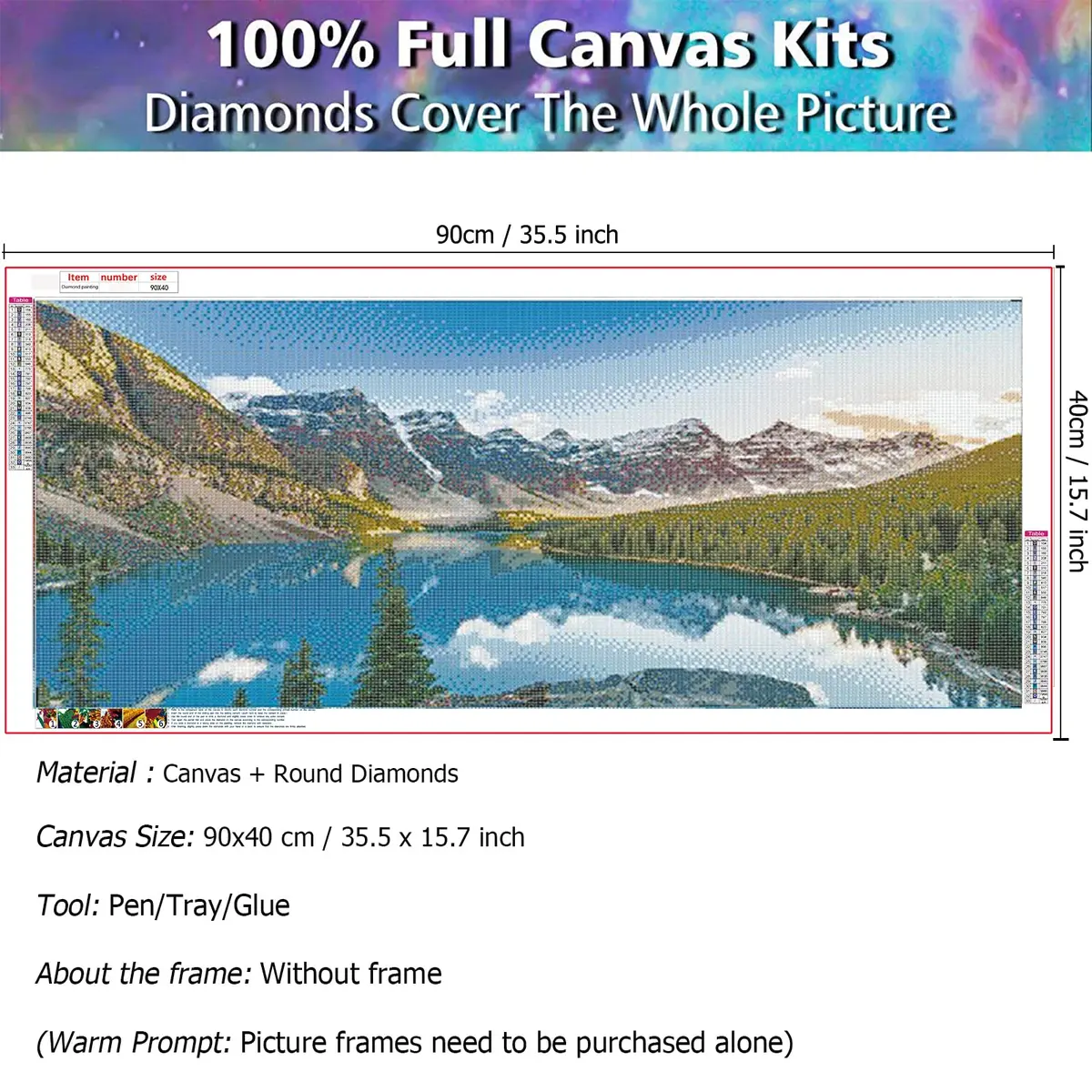 JATOK Diamond Painting Kit for Adults, Alpine Lake, 90cm x 40cm (35.5 x 15.7 in) | Full Round Drill Art & Craft Kit - view 4