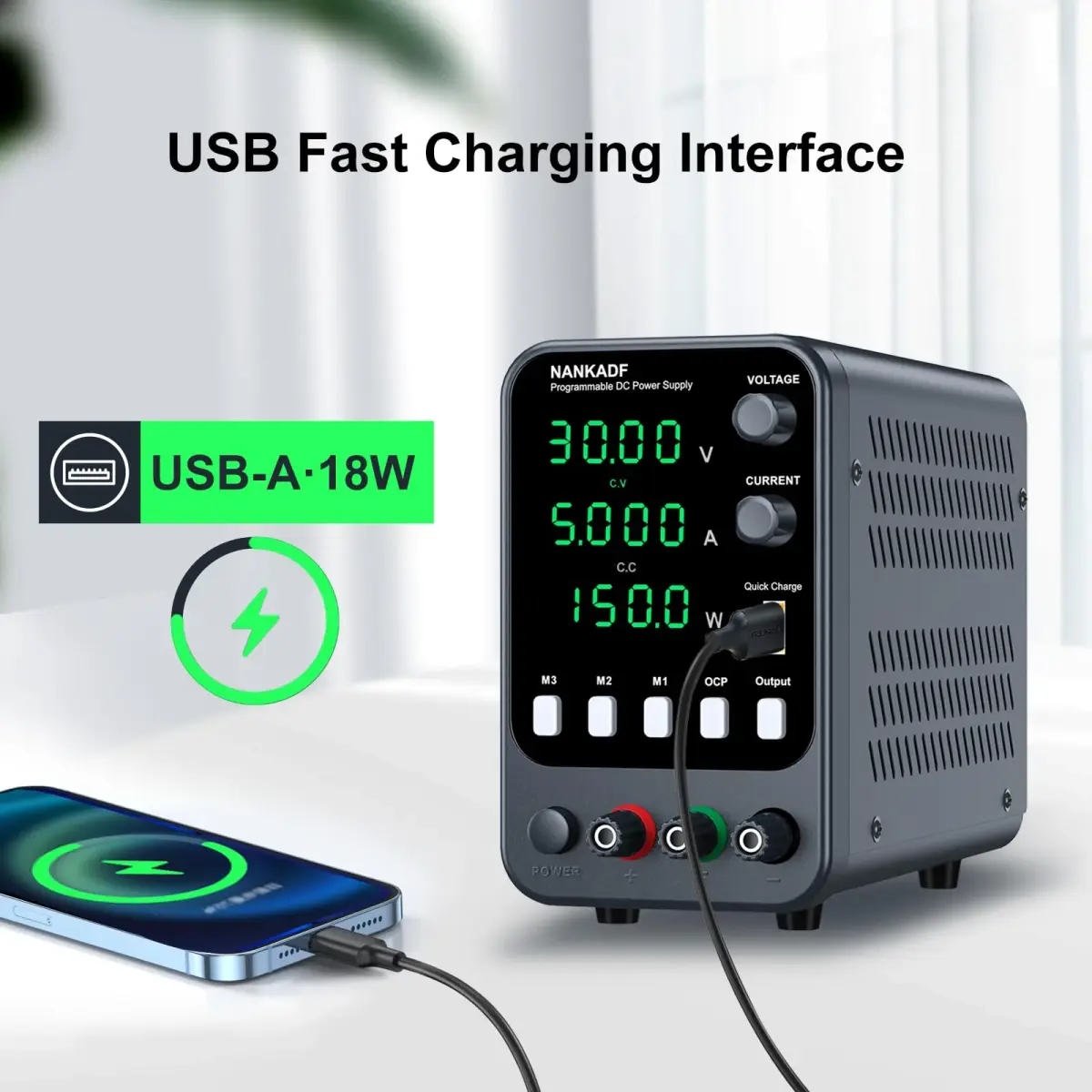 NANKADF DC Power Supply 30V 5A 150W | Variable Bench Power Supply with USB Quick-Charge & Memory Presets - view 5