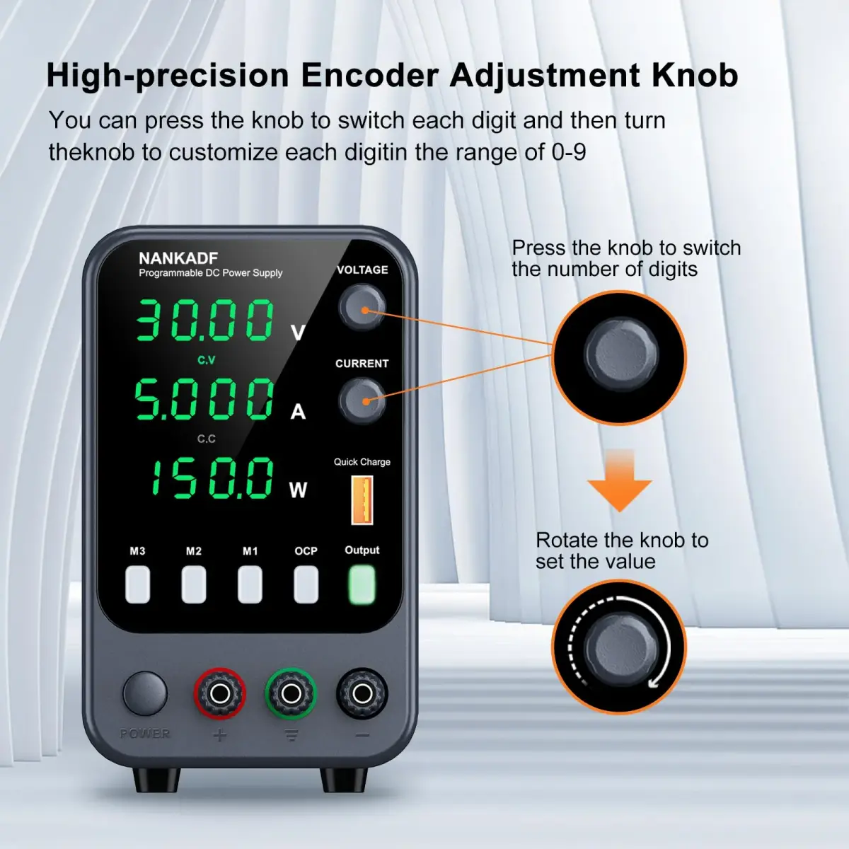 NANKADF DC Power Supply 30V 5A 150W | Variable Bench Power Supply with USB Quick-Charge & Memory Presets - view 2