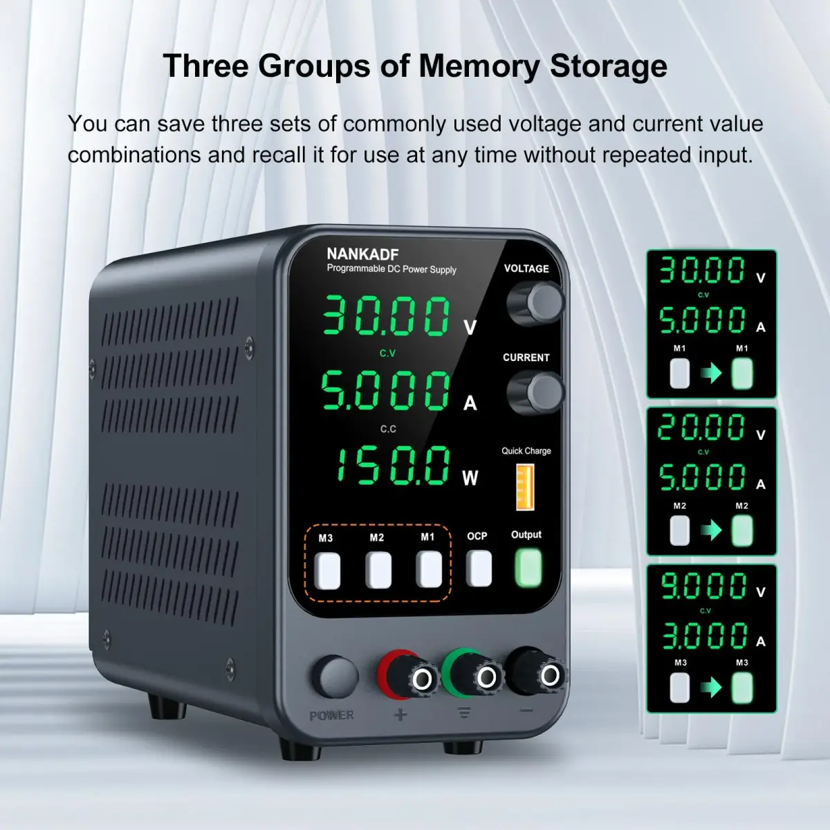 NANKADF DC Power Supply 30V 5A 150W | Variable Bench Power Supply with USB Quick-Charge & Memory Presets - view 3