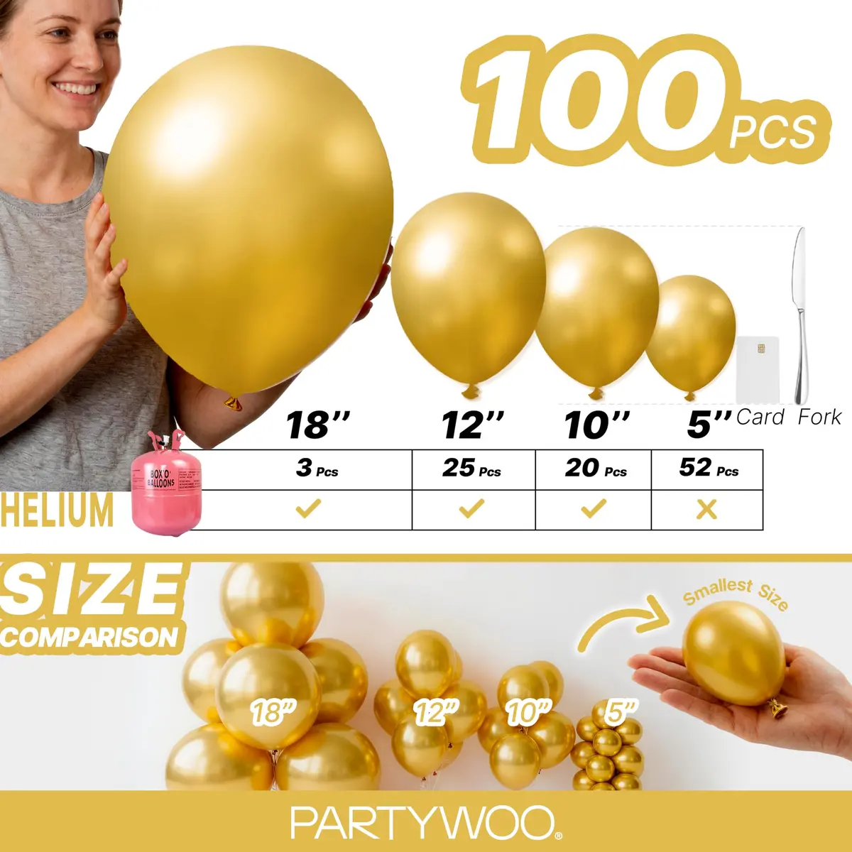 PartyWoo Gold Balloons 100pcs Assorted Sizes 5-18 Inch | Metallic Latex Party Decorations - view 6