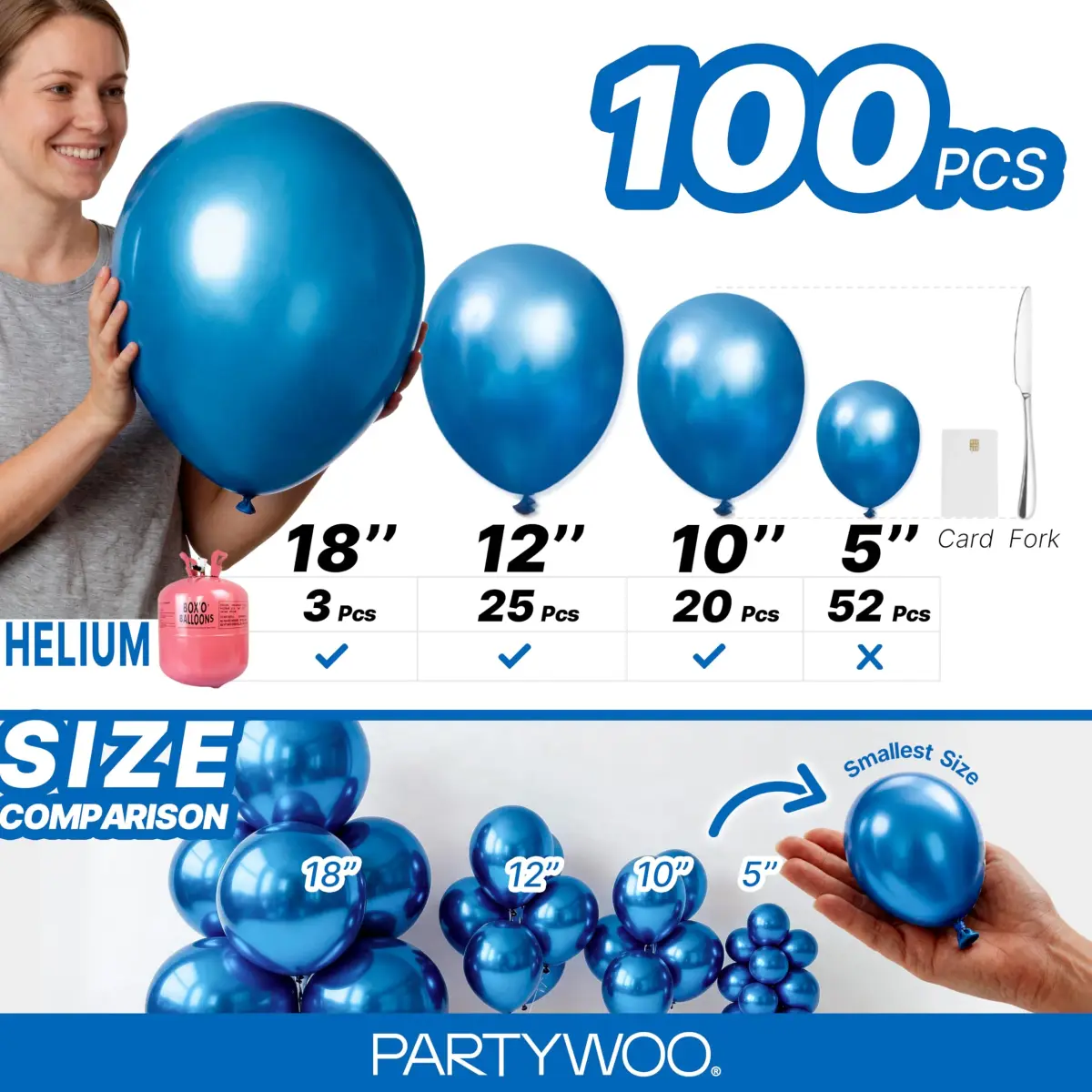 PartyWoo Metallic Blue Balloons 100pcs Chrome Blue Color Assorted Sizes | Thick Durable Latex for Parties - view 6