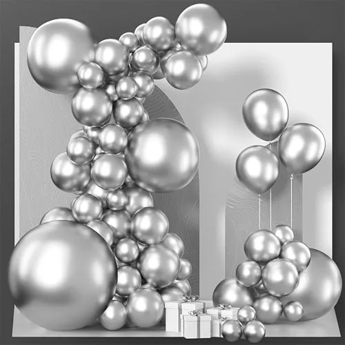 PartyWoo Silver Balloons 100pcs Assorted Sizes (5, 10, 12, 18 Inch) | USA Import Value Pack - main product image