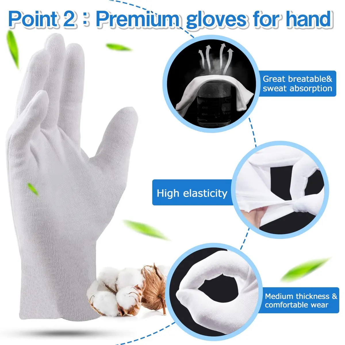 PANGTIKU Moisturizing White Cotton Gloves for Dry Hands | Reusable, Soft & Stretchable (24 pcs) - view 3