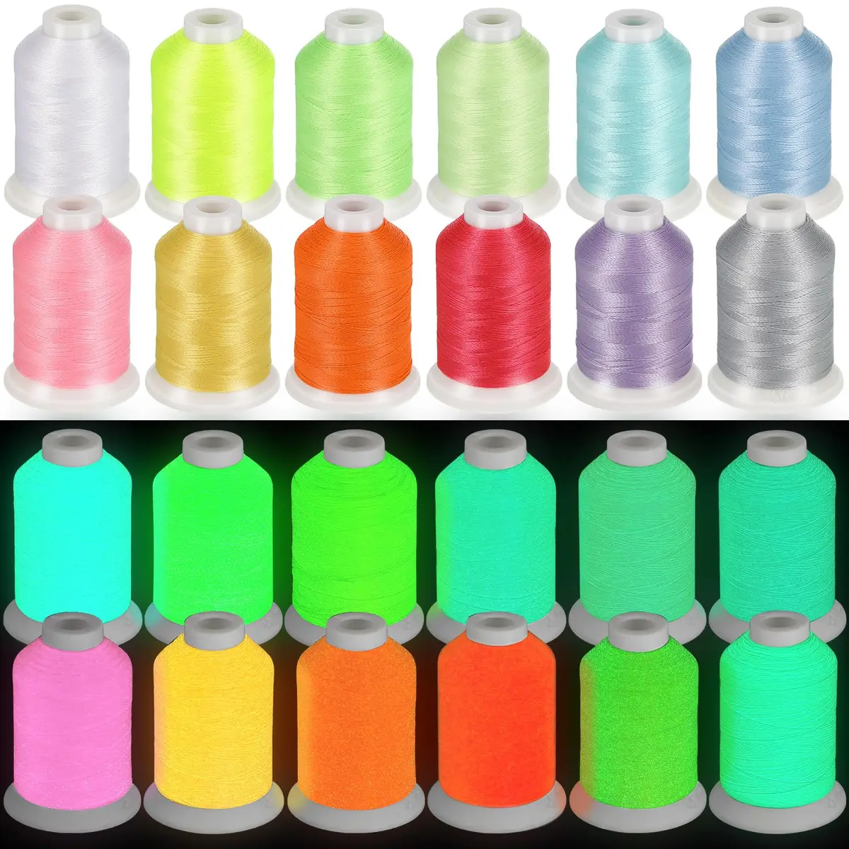 Nuanchu Glow in The Dark Embroidery Thread 12 Colors | 550 Yard Polyester for Sewing & Crafts - main product image
