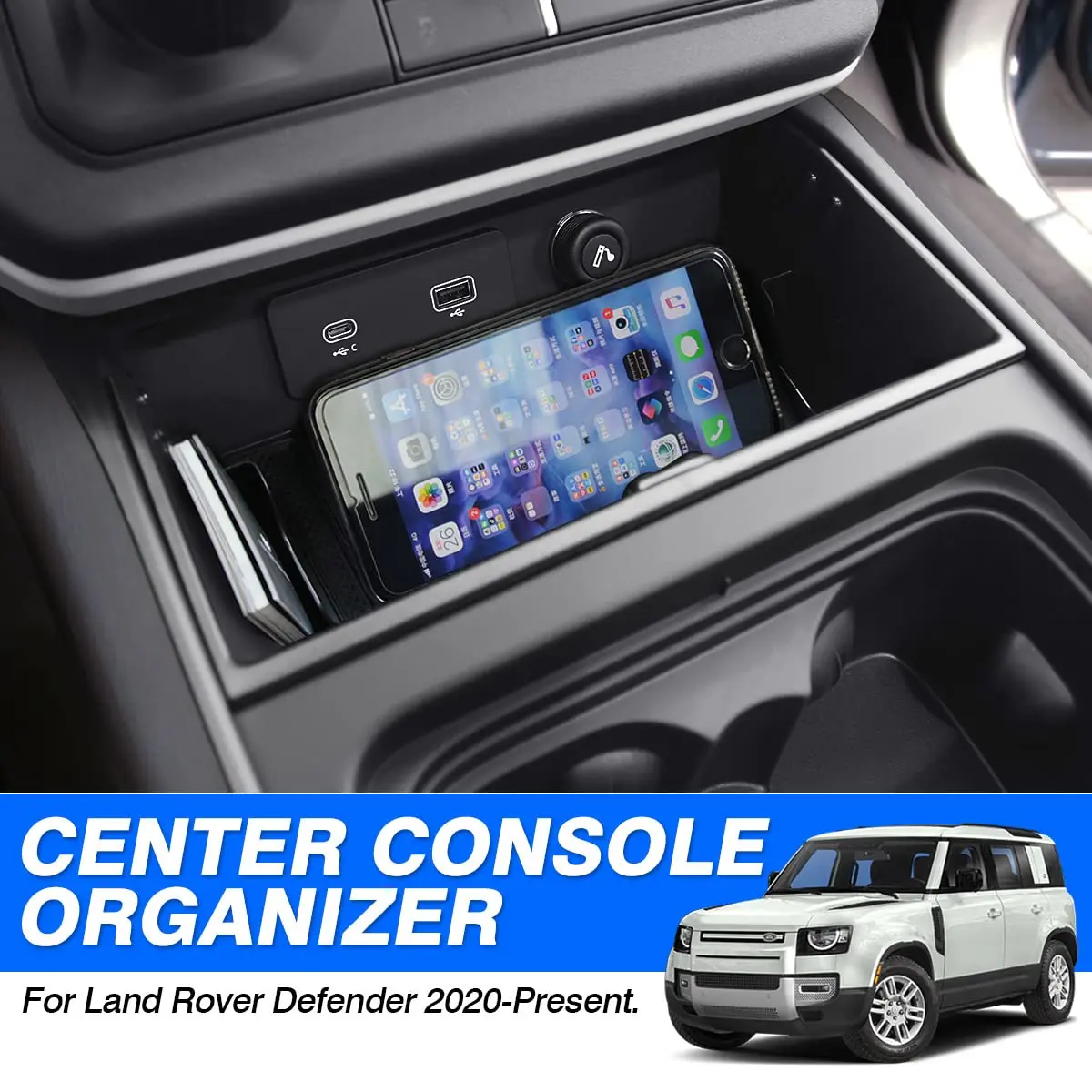 Karltys Center Console Organizer Tray for Land Rover Defender Accessories 90 110 130 2020-2025 2026 | Durable ABS Middle Console Storage Box with Non-Slip Mat - view 2