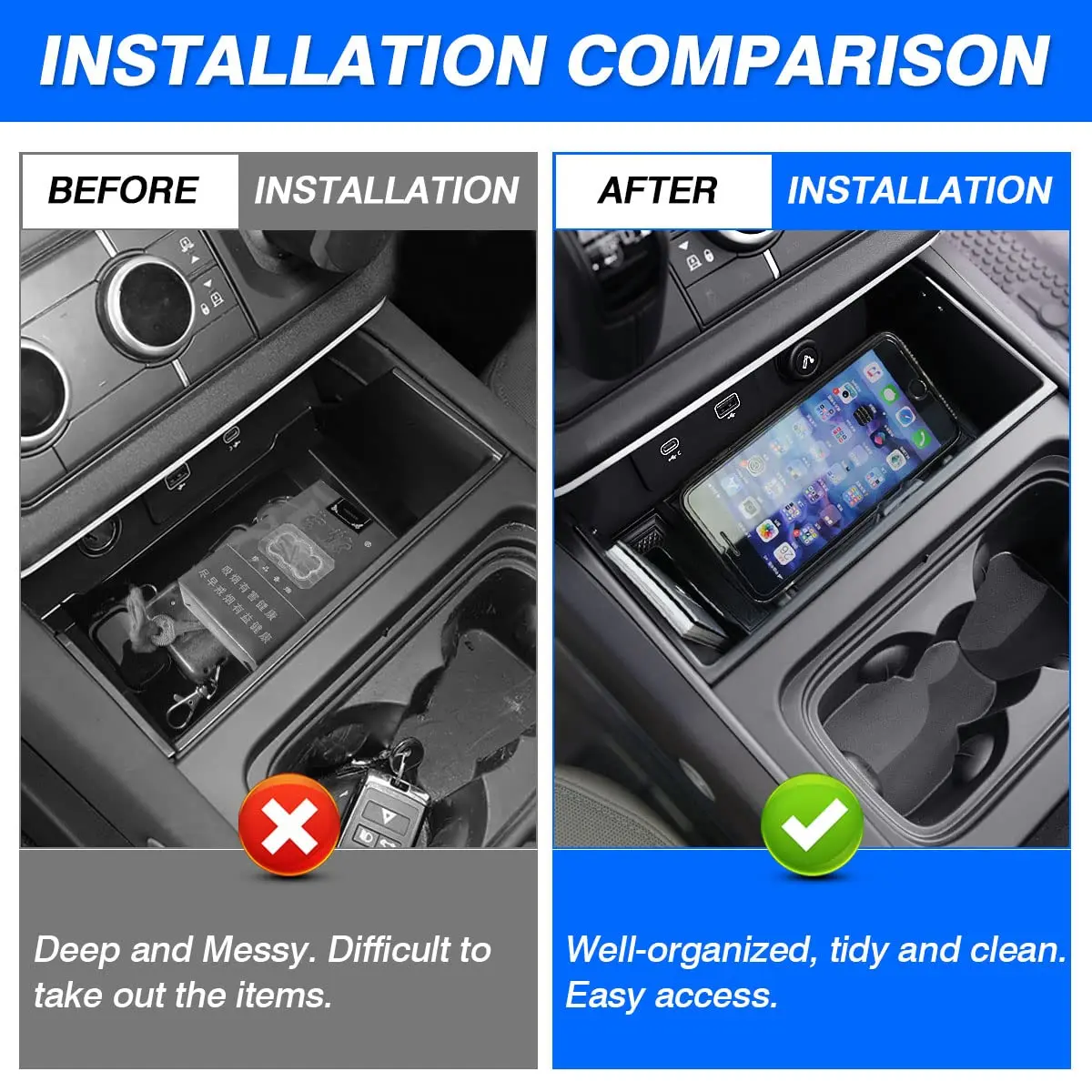 Karltys Center Console Organizer Tray for Land Rover Defender Accessories 90 110 130 2020-2025 2026 | Durable ABS Middle Console Storage Box with Non-Slip Mat - view 3