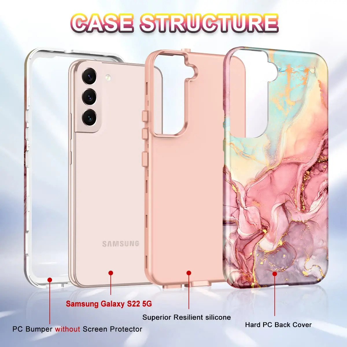 Btscase Rose Gold Marble Pattern Case for Samsung Galaxy S22 5G 6.1 Inch | Triple-Layer Shockproof Protection - view 3