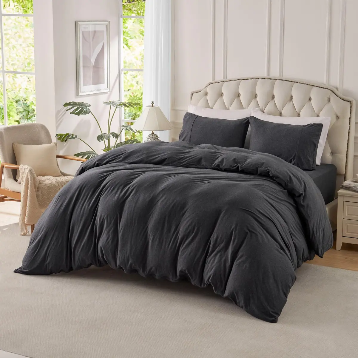 PURE ERA Jersey Knit Duvet Cover Set Heather Charcoal Grey California King | Ultra Soft Cotton Jersey Bedding - main product image