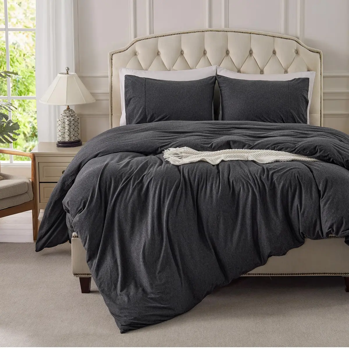 PURE ERA Jersey Knit Duvet Cover Set Heather Charcoal Grey California King | Ultra Soft Cotton Jersey Bedding - view 2