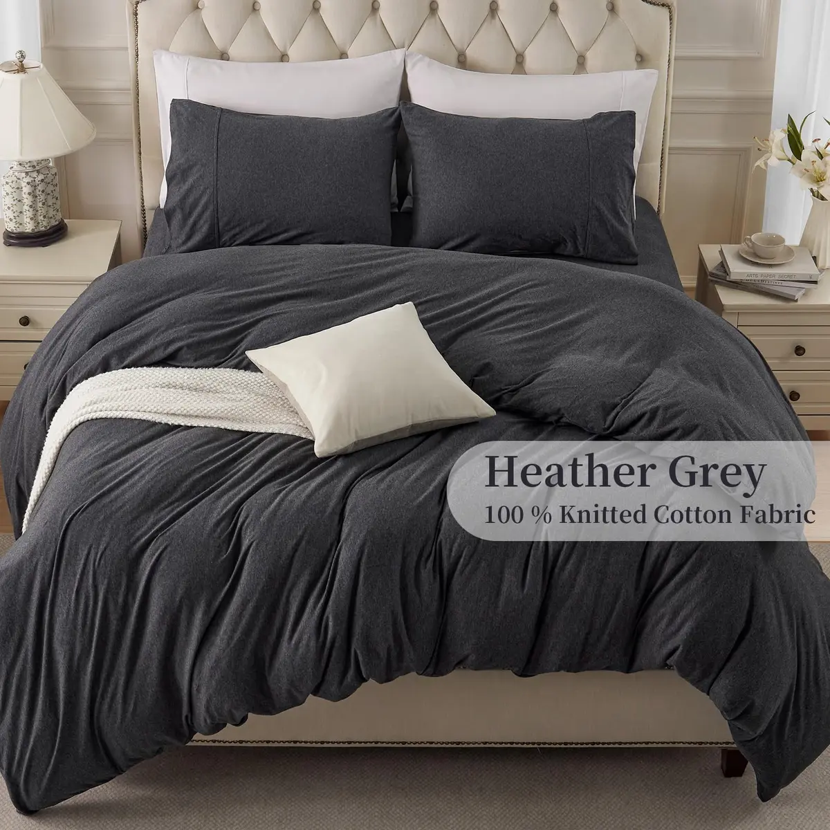 PURE ERA Jersey Knit Duvet Cover Set Heather Charcoal Grey California King | Ultra Soft Cotton Jersey Bedding - view 3