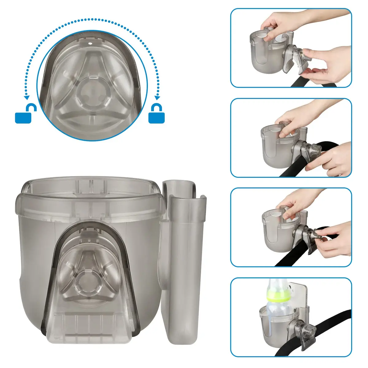 Accmor Universal Stroller Cup Holder with Phone Holder & Organizer, Transparent Grey | Fits Most Strollers, Bikes, Wheelchairs, Walkers (1-Pack) - view 5