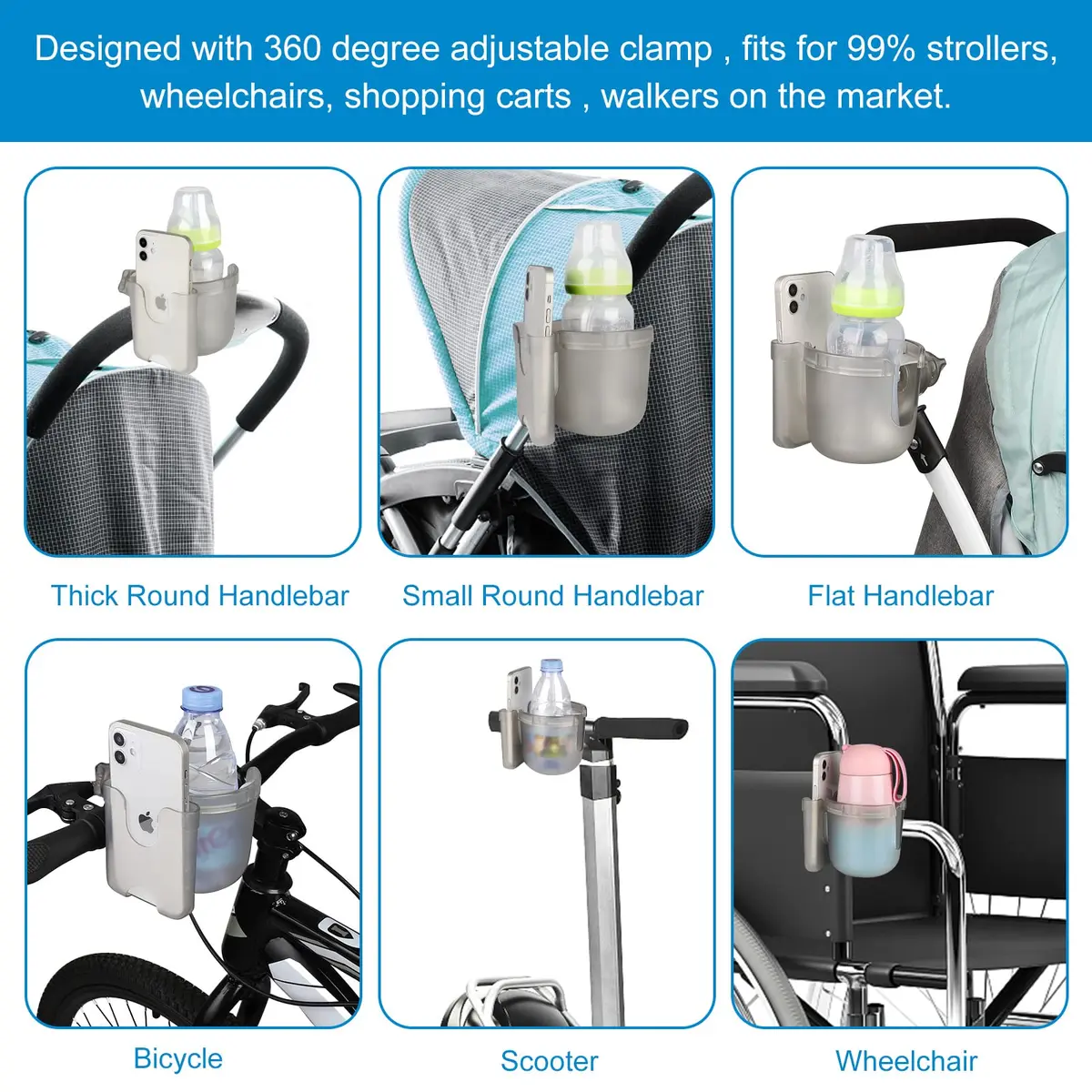 Accmor Universal Stroller Cup Holder with Phone Holder & Organizer, Transparent Grey | Fits Most Strollers, Bikes, Wheelchairs, Walkers (1-Pack) - view 7
