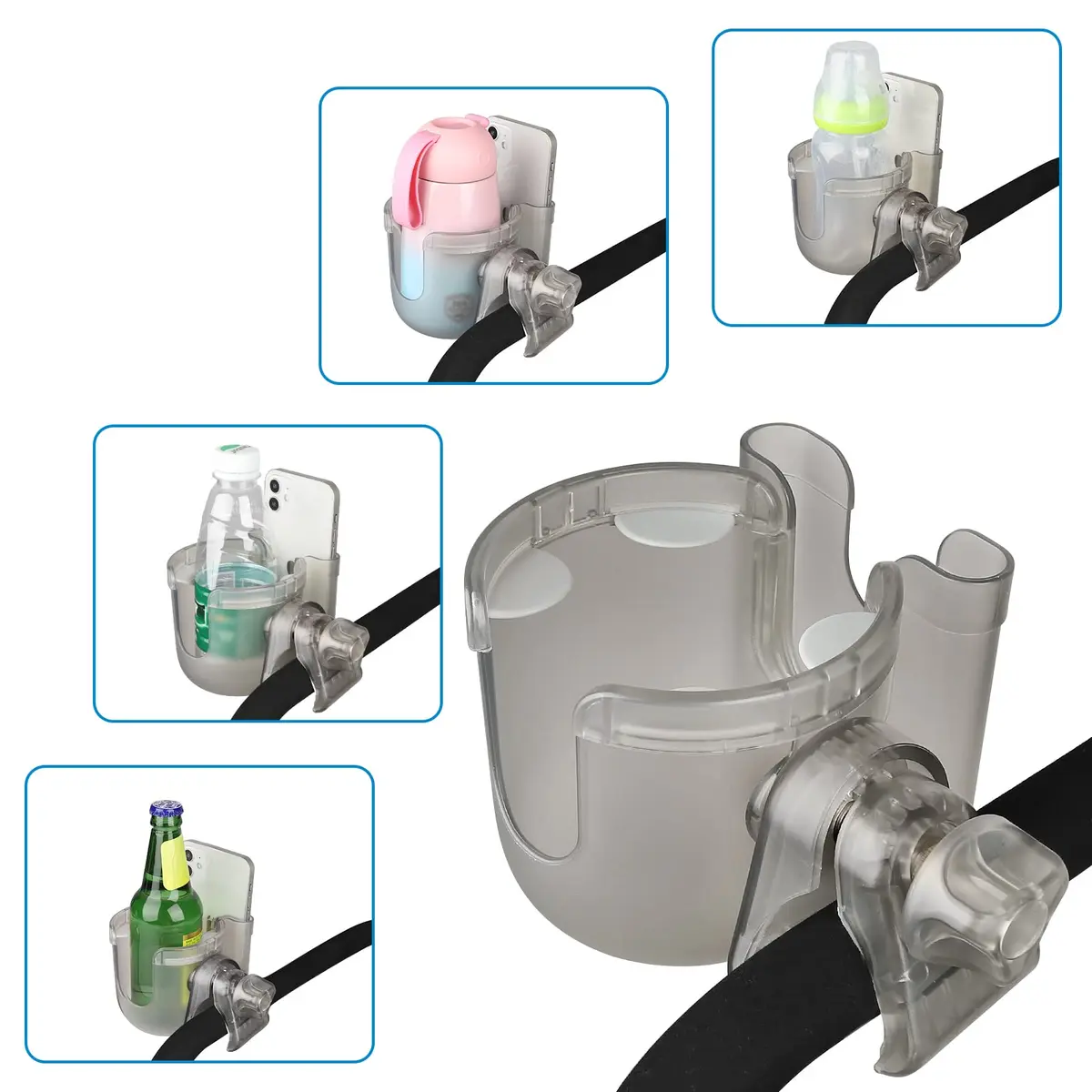 Accmor Universal Stroller Cup Holder with Phone Holder & Organizer, Transparent Grey | Fits Most Strollers, Bikes, Wheelchairs, Walkers (1-Pack) - view 8