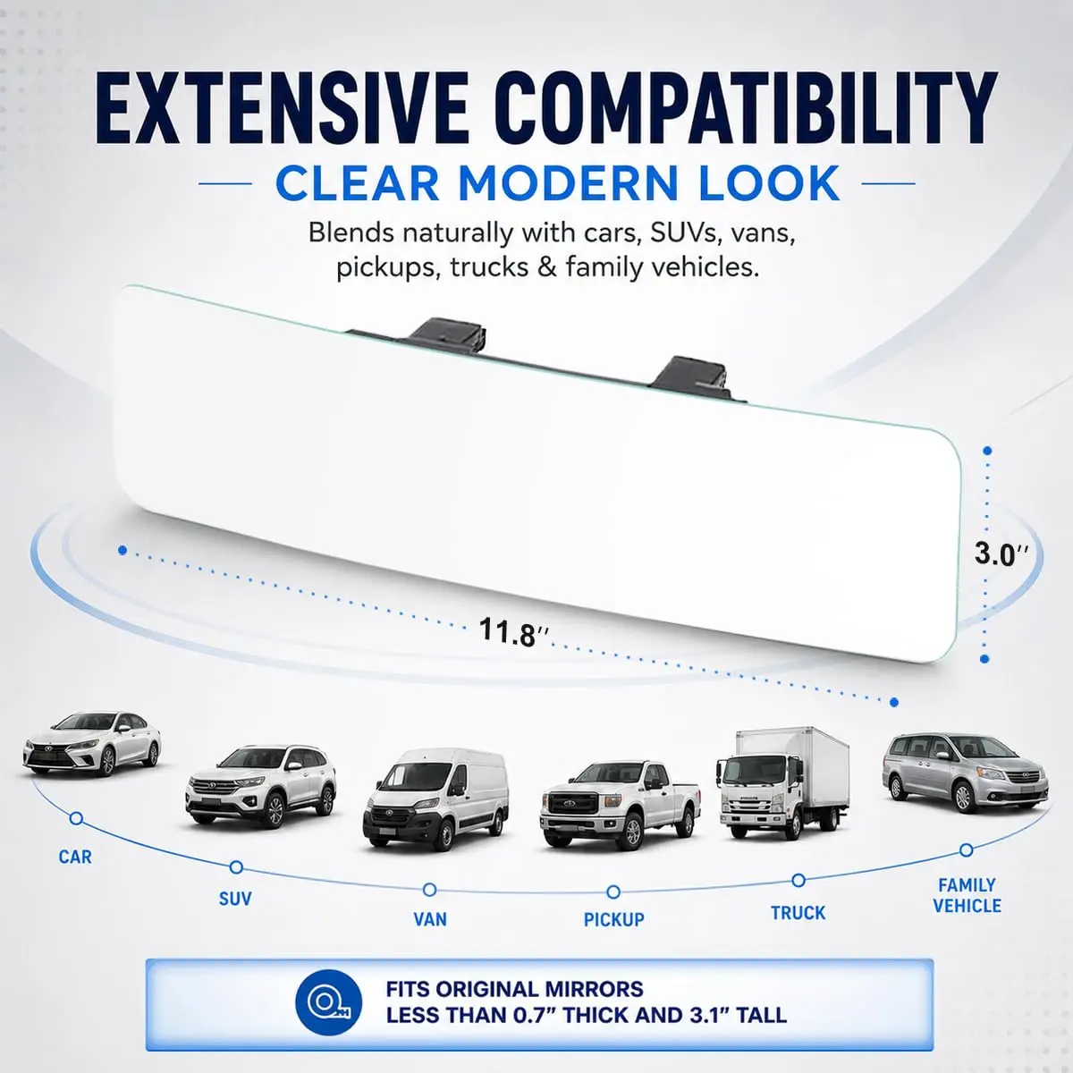 SkycropHD Wide Angle Panoramic Car Rearview Mirror, 12'' | Frameless, Convex, White - view 7