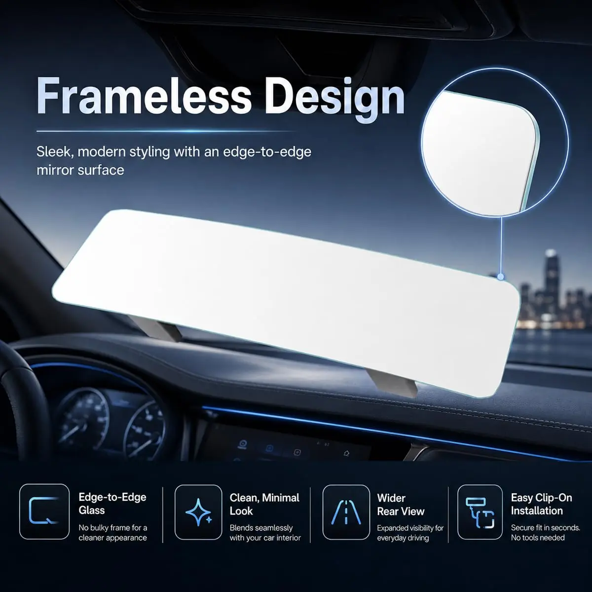 SkycropHD Wide Angle Panoramic Car Rearview Mirror, 12'' | Frameless, Convex, White - view 2