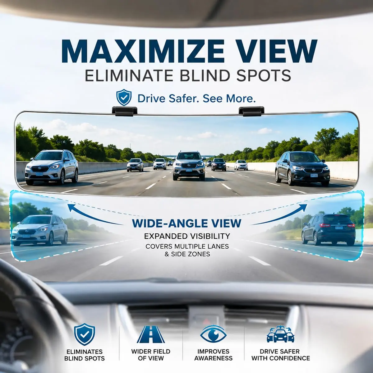 SkycropHD Wide Angle Panoramic Car Rearview Mirror, 12'' | Frameless, Convex, White - view 3