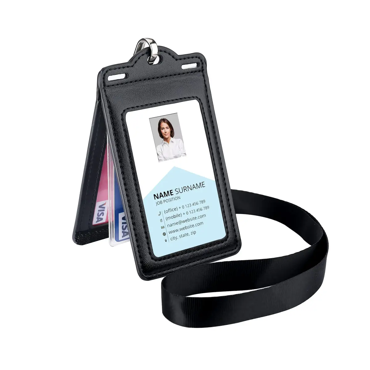 Ouessila Leather Badge Holder with Lanyard, Holds 6+ Cards, Black | Heavy Duty ID Card Holder for Professionals - main product image